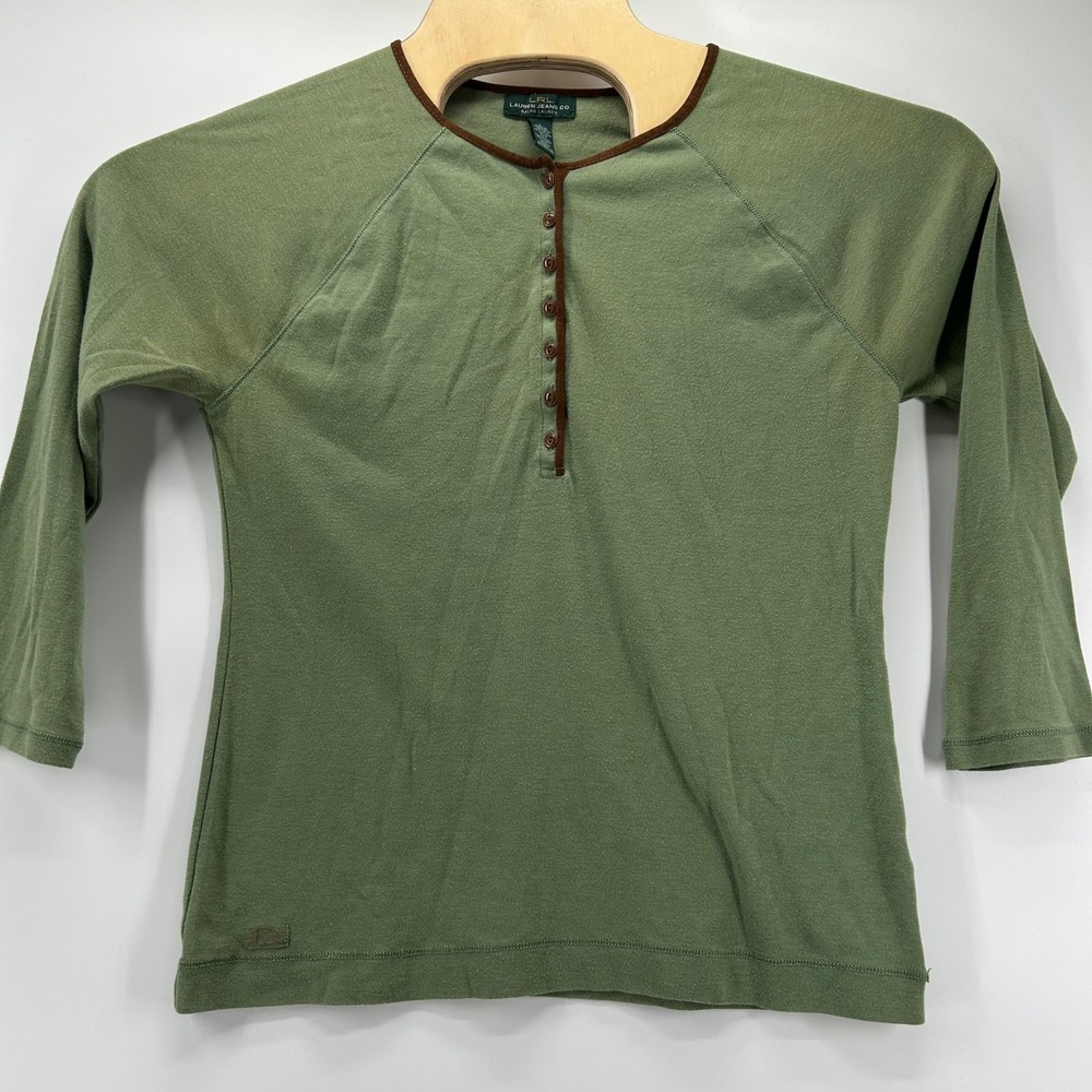 LRL Ralph Lauren Henley Top Womens Large Olive Green Raglan 3/4 Sleeve Casual